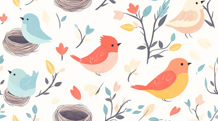 Cute cartoon birds with nests and flowers in seamless pattern