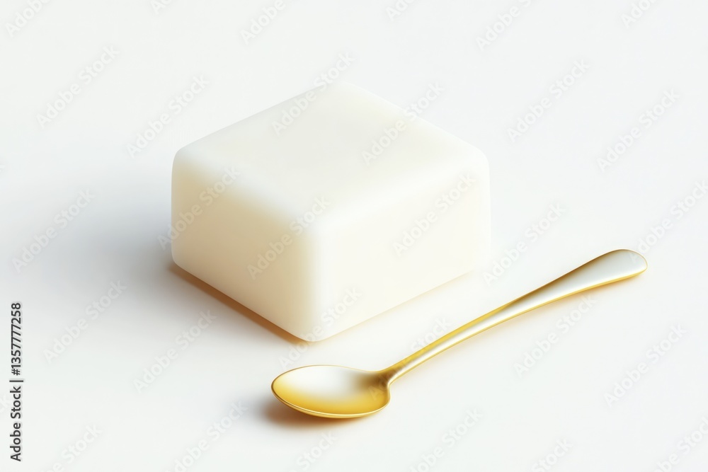 Poster a minimalist image featuring a cube-shaped container and a gold spoon on a white background.
