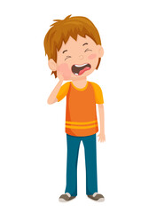 Vector illustration of a boy holding his cheek, suffering from a toothache.
