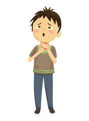 Vector illustration of a boy with a sore throat and fever, holding his neck.