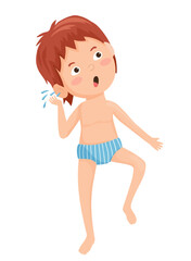 Vector illustration of a boy with an earache, holding his ear in pain.