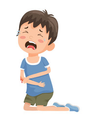 Vector illustration of a boy crying, holding his injured knee.
