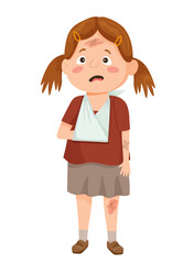 Vector illustration of a girl with a broken arm in a cast.