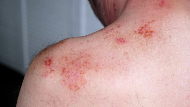 Skin lesion symptom in Shingles or Herpes zoster in person. Viral disease Varicella virus. Painful skin rash with blisters on the body. Red pimples. Insects bite. Body injury. High quality 4k footage.