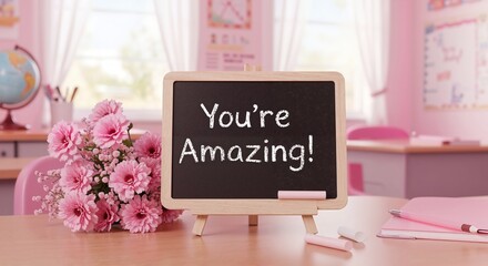 Inspirational classroom message with flowers and chalkboard for motivational decor