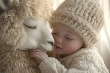A baby peacefully sleeps nestled against a fluffy llama, a tender moment of warmth and innocence.
