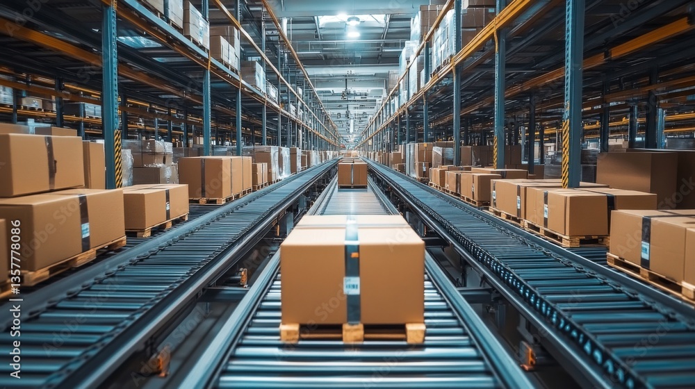 Aufkleber Workers are managing inventory and sorting packages in a bustling warehouse distribution hub filled with stacked cartons and advanced conveyor systems.
