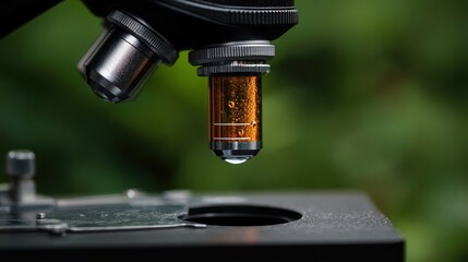 A close-up of a microscope with a focused lens and a drop of liquid, showcasing precision and detail, suitable for educational materials, scientific articles, or laboratory-related content,
