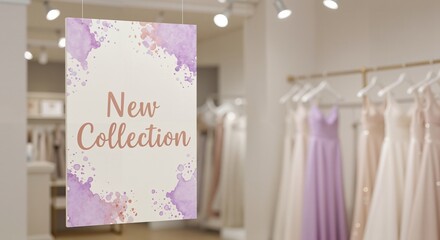 New collection sign in elegant shopping boutique featuring formal dresses