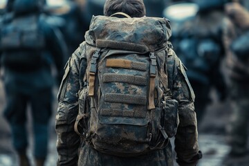 Soldier walking with muddy camouflage backpack and military uniform during a mission