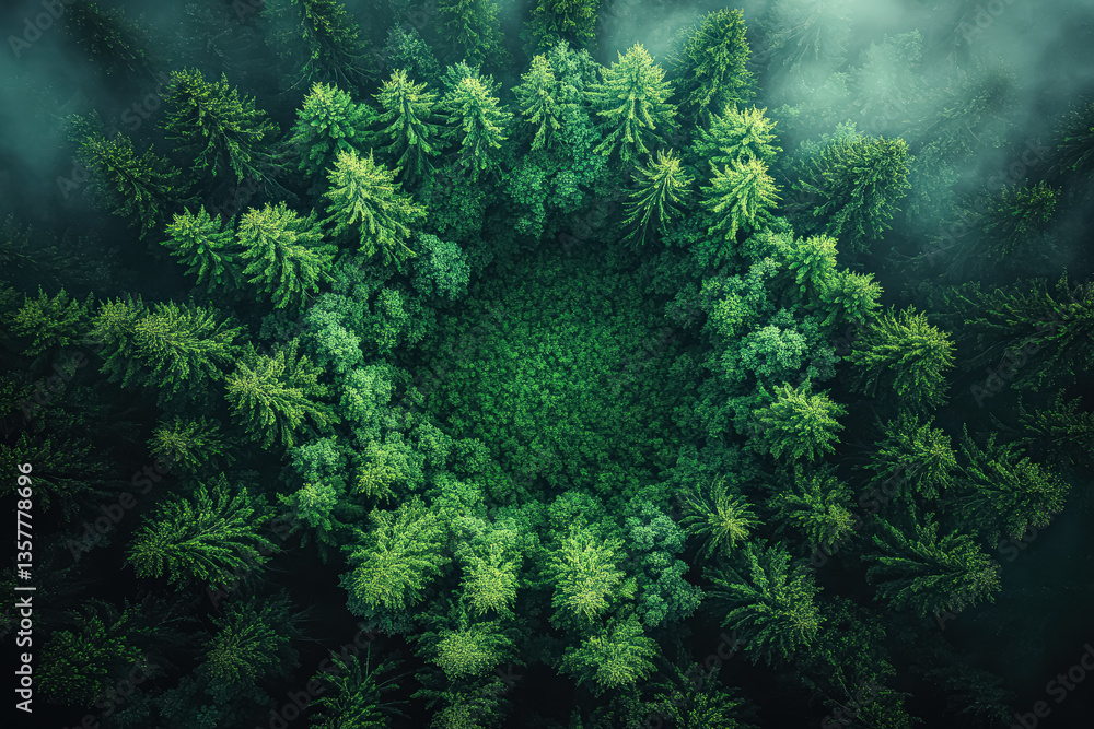 Poster large circle of trees with a green center. the trees are all green and are spread out in a circular 