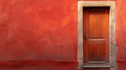 A stunning wooden door set against a vibrant red wall, perfect for background use, architectural themes, or as a metaphor for new beginnings, Ideal for marketing, social media, or website design,