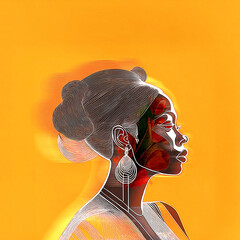 double exposure of tulips in black woman profile illustration on yellow background 