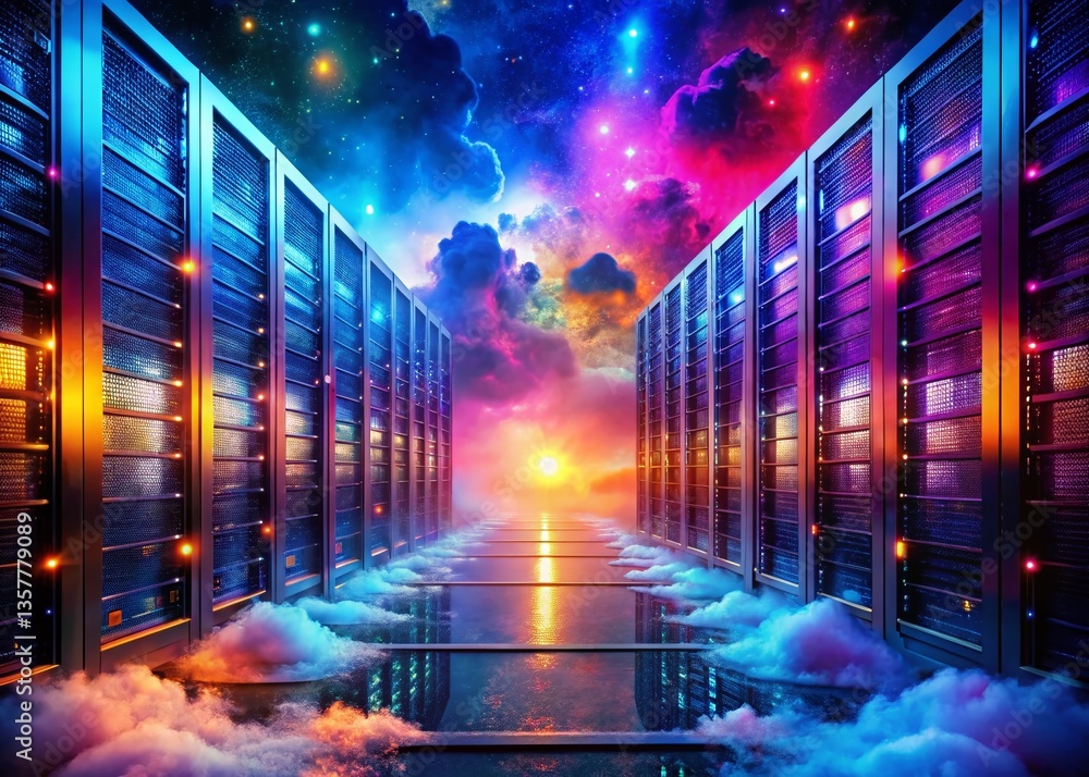 Aufkleber surreal data center: floating servers in a dreamlike cloud computing landscape