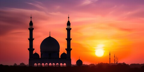Silhouette of a majestic mosque against a vibrant sunset sky, casting shadows of its domes and minarets.