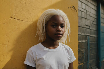 A black teenager with white dreadlocks stands against a yellow wall