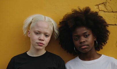 A black girl and an albino girl are standing near a yellow wall