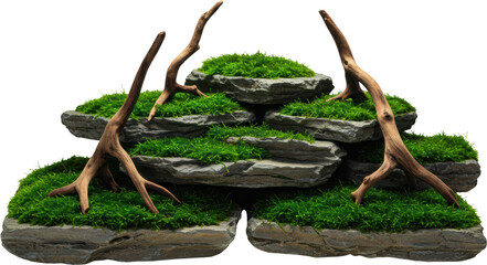 Fototapeta premium Lush Green Mossy Rockscape with Driftwood Aquatic Terrarium Decor Nature Scene