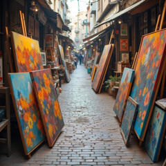 Fototapeta premium Colorful paintings displayed in charming alleyway, creating vibrant atmosphere