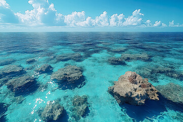 Obraz premium The ocean is calm and clear, with a few rocks scattered throughout the water. The sky is blue and cloudy, creating a serene and peaceful atmosphere