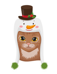 Vector illustration of a brown cat wearing a snowman hat.