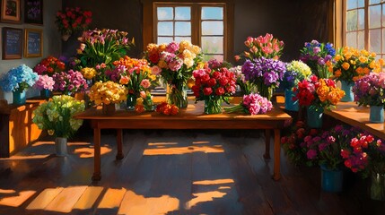 Fototapeta premium Vibrant Colorful Flower Shop Bouquet Display Sunlit Wooden Table