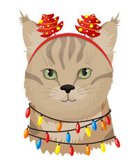 Vector illustration of a tabby cat wearing Christmas lights on its head.