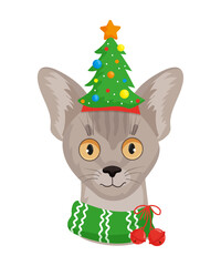 Vector illustration of an Abyssinian cat wearing a Christmas tree hat and scarf.