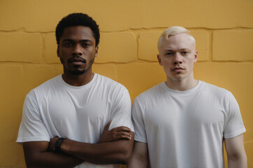 A black guy and an albino guy are standing near a yellow wall