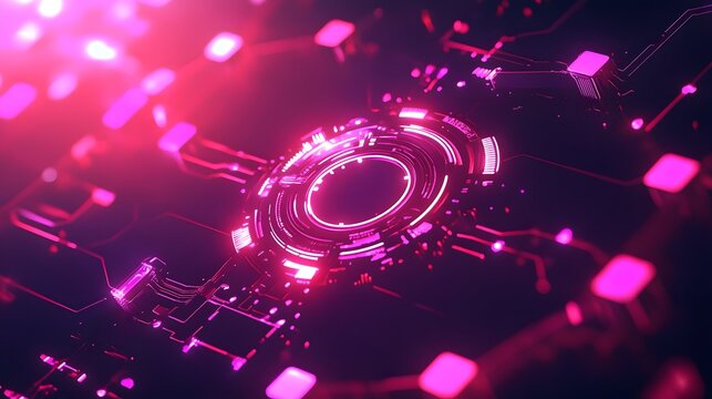 Circuit Board in Glow: Abstract, close-up view of a neon-lit circuit board. The complex network of lines, squares, and circles is an ode to modern tech and design.