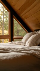 Fototapeta premium Cozy bed in a rustic wooden cabin with exposed frame and soft lighting. Bed in a cozy retreat surrounded by nature.