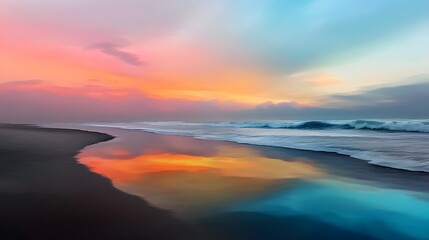 Fototapeta premium Serene Beach Sunset Colorful Sky Reflecting on Ocean Waves