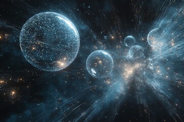 Glowing Spheres in Dark Space with Star Trails and Nebula Clouds