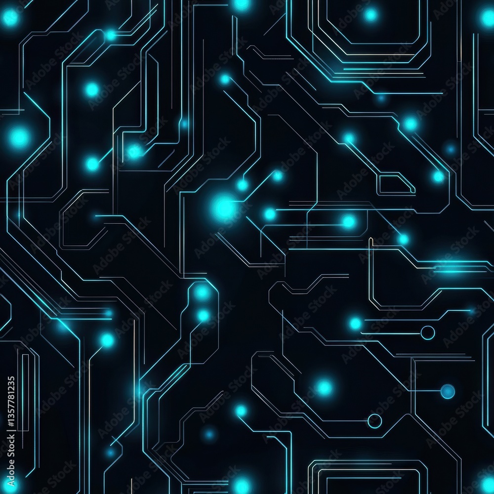 Poster Seamless electronic circuit board pattern with glowing blue traces in a futuristic and modern design for high-tech applications Generative AI