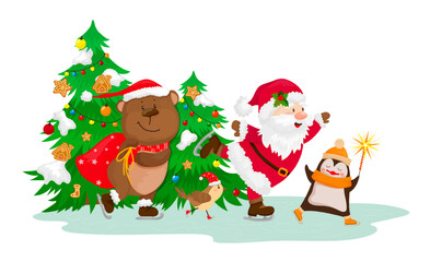 Vector illustration of Santa Claus with a penguin, a bear and Christmas tree.