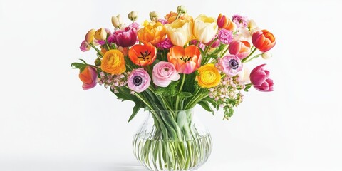 Obraz premium Vibrant Bloom Bouquet: A captivating floral arrangement showcasing a rich tapestry of colorful blooms, beautifully arranged in a clear glass vase.