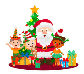 Vector illustration of Santa Claus and children with a Christmas tree and gifts.