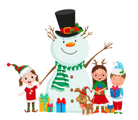 Vector illustration of a cheerful snowman with a group of children and a reindeer.