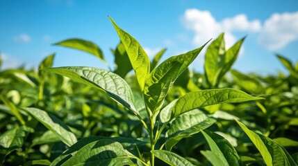 Obraz premium 新緑の茶葉が青空の下で生き生きと育つ様子