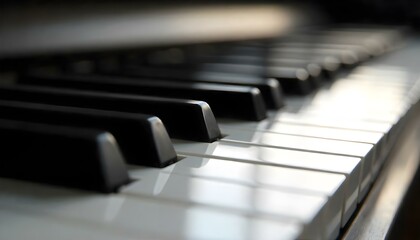 Close-up shot of piano keys, focusing on the texture and lighting, black and white keys, soft diffused lighting