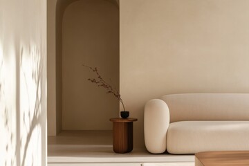 Minimalist living room decorated with cream-colored sofa and small wooden side table