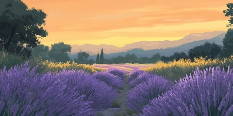 Obraz premium Lavender Field Panorama: A breathtaking panoramic vista showcases vibrant rows of lavender in full bloom under the warm glow of the setting sun, evoking serenity and natural beauty.