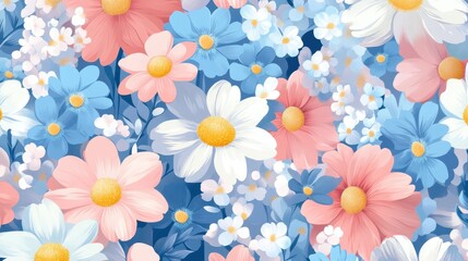 Obraz premium Floral Fantasy: A captivating assortment of pastel-hued flowers creates a vibrant and cheerful composition. Illustrating a dreamy scene of botanical beauty and nature's elegance.