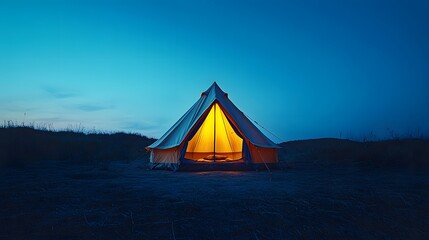 Glowing tent under a starry night sky in a remote landscape