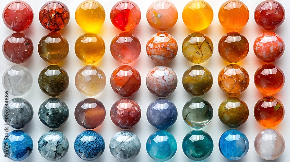 Aufkleber assorted spherical objects: diverse textures, patterns, and colors in round forms against a neutral 
