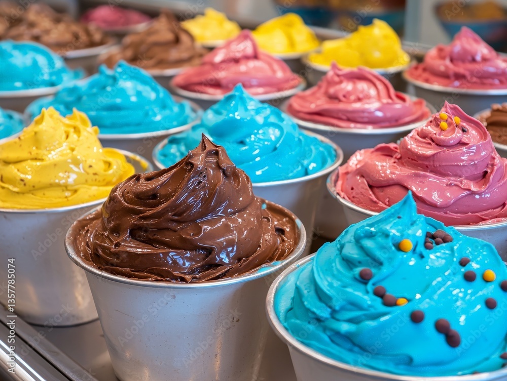 Poster assorted colorful soft serve ice cream in metal trays with vibrant toppings and swirls creating a de