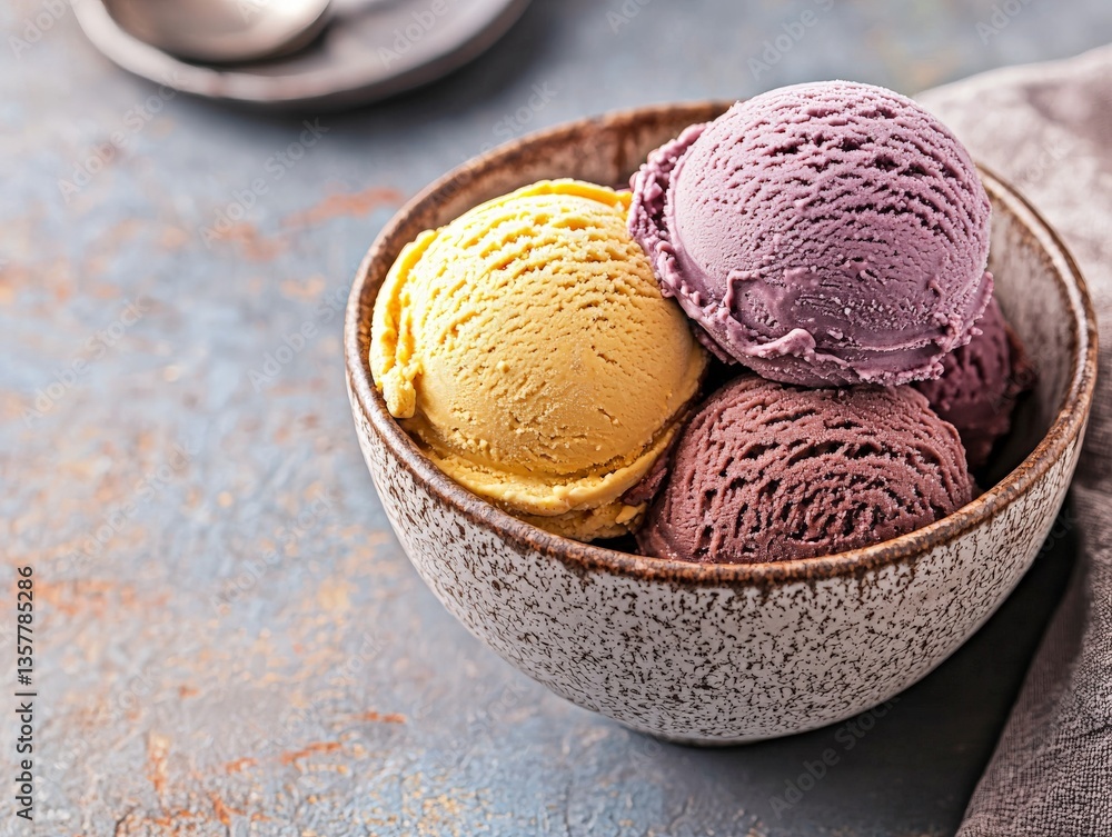 Aufkleber bowl of chocolate, vanilla, and caramel ice cream scoops in a rustic setting emphasizing rich flavor