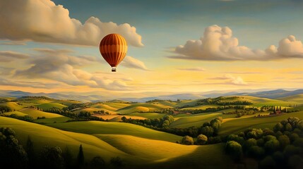 Obraz premium Serene Hot Air Balloon Soaring Over Rolling Hills at Sunset Peaceful Tuscany Landscape