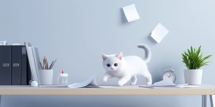Curious cat exploring a busy office desk for work inspiration