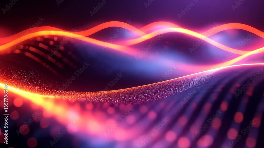 Poster dynamic digital landscape of glowing waves in red and blue hues with particle lights. wallpaper high